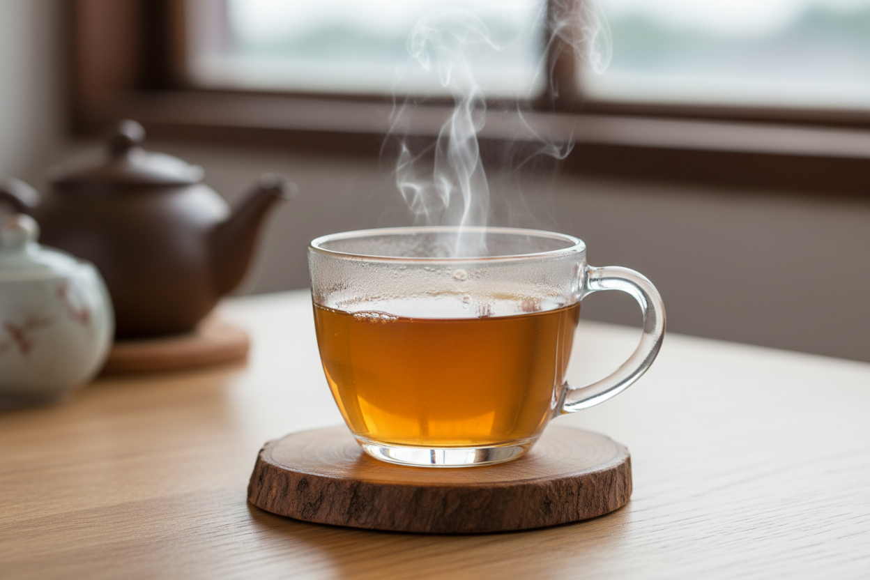 a refreshing darjeeling black tea in a transparent glass tea cup having fumes in top of the tea 